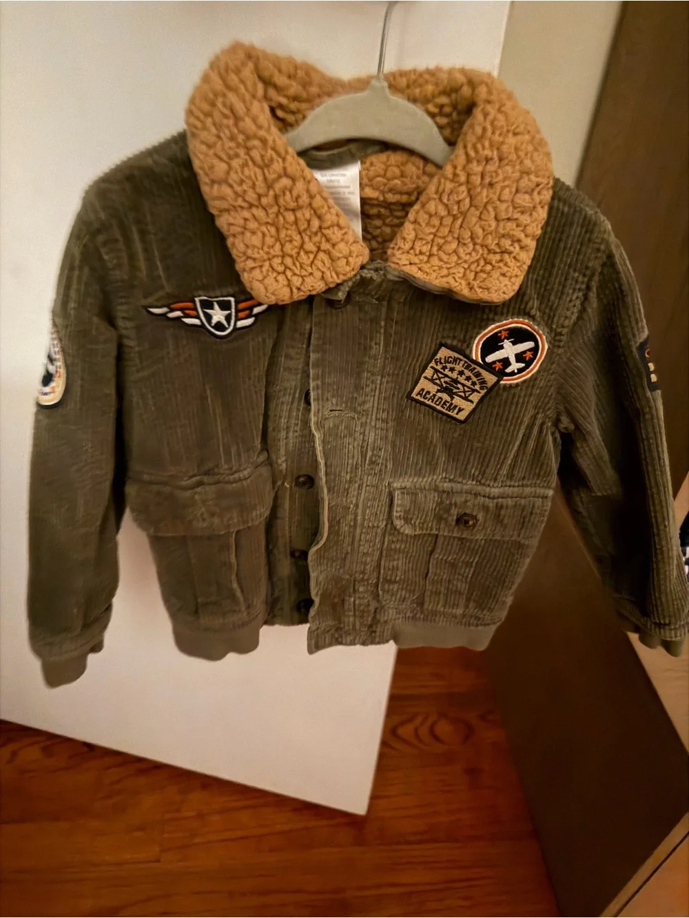 Gymboree Olive Green Corduroy Jacket with Tan Sherpa Collar and Patches